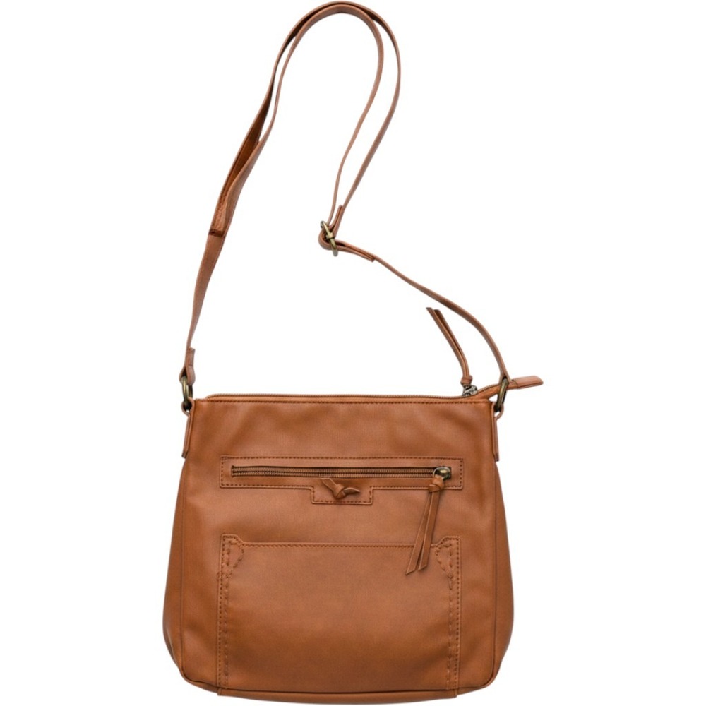 Cognac Brown Faux Leather Crossbody Bag with Whipstitch Detail and Multi Pockets